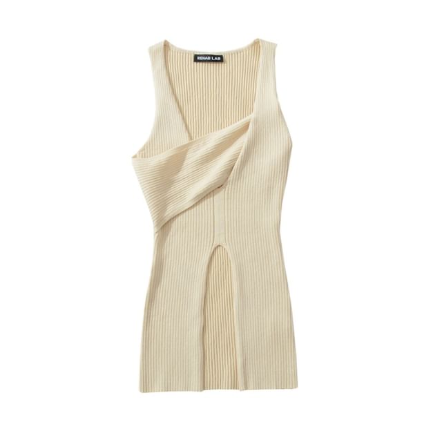 Asymmetric Neck Knit Tank with Slit