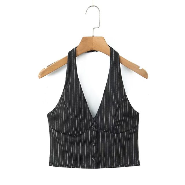 Halter V-Neck Pinstriped Button-Up Open Back Crop Vest / Mid Rise Layered Mini A-Line Skirt