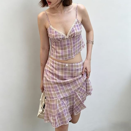 V-Neck Plaid Lace Trim Tie Back Crop Camisole Top / Low Rise Mermaid Skirt