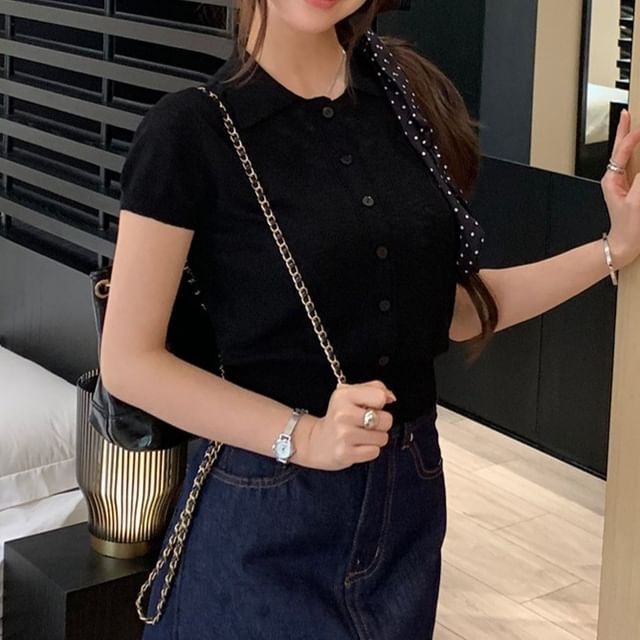 Collared Button Knit Tee with Short Sleeves