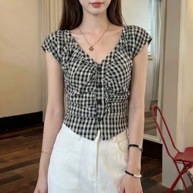 Plaid Ruched Blouse with Cap Sleeves