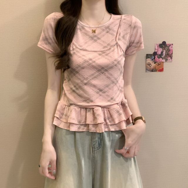 Plaid Ruffle Mock Two-Piece Round Neck Top
