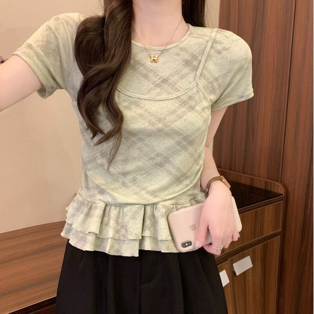 Plaid Ruffle Mock Two-Piece Round Neck Top