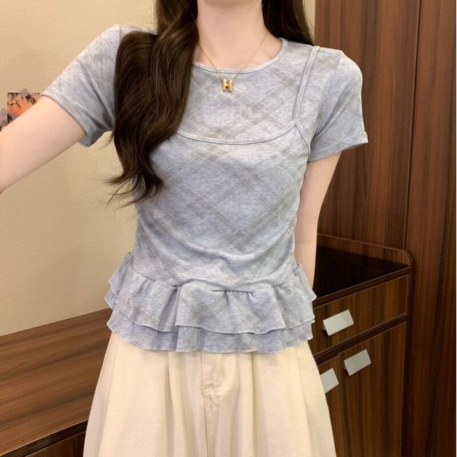 Plaid Ruffle Mock Two-Piece Round Neck Top
