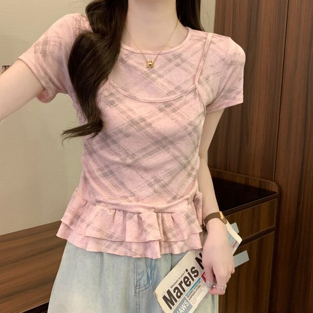 Plaid Ruffle Mock Two-Piece Round Neck Top