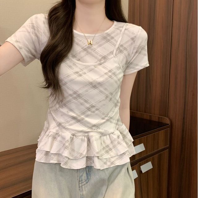Plaid Ruffle Mock Two-Piece Round Neck Top