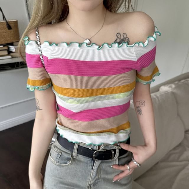 Multicolor Striped Ribbed Knit Top with Lettuce Edge