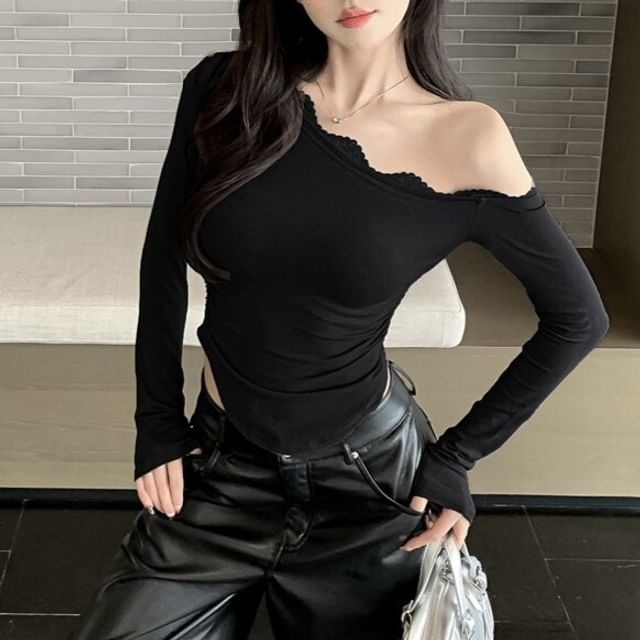 One Shoulder Lace Trim Long Sleeve Top