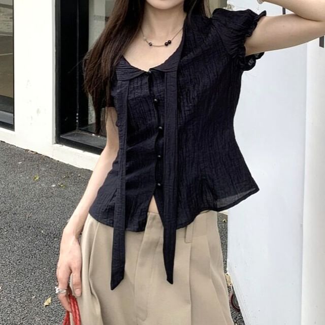 Tie-Neck Short Sleeve Blouse