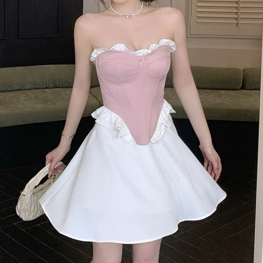 Contrast Frill Trim Crop Corset Tube Top / High Waist Plain Mini A-Line Skirt