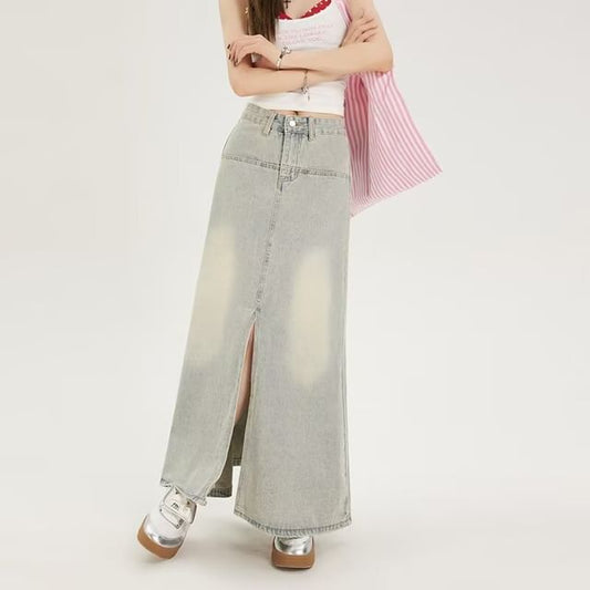 Mid Rise Washed Slit Maxi A-Line Denim Skirt