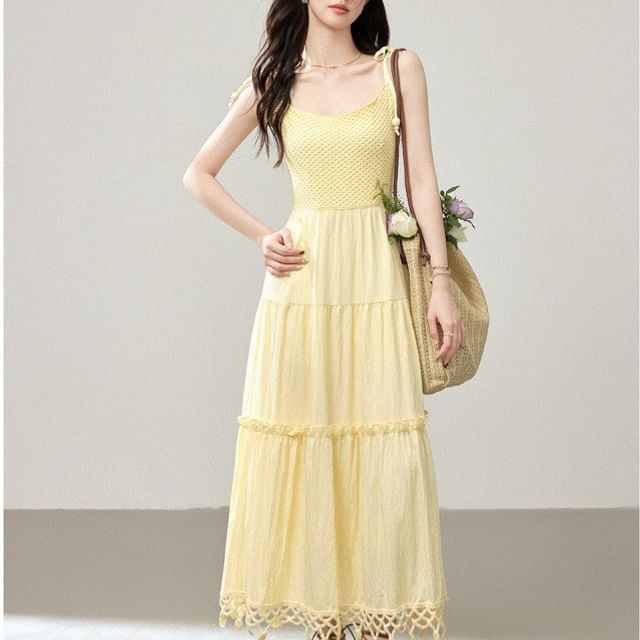 Spaghetti Strap V-Neck Plain Frill Trim Fringed Maxi A-Line Dress / Shawl