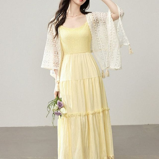 Spaghetti Strap V-Neck Plain Frill Trim Fringed Maxi A-Line Dress / Shawl
