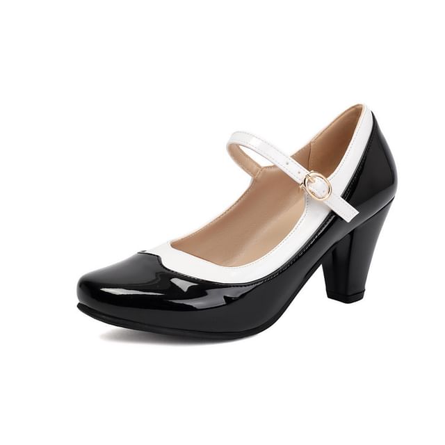 Round Toe Contrast Trim Chunky Heel Mary Jane Pumps
