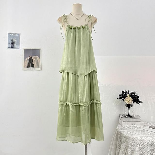 Spaghetti Strap Plain Ruffle Maxi Sundress