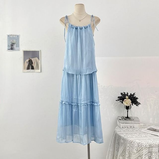Spaghetti Strap Plain Ruffle Maxi Sundress