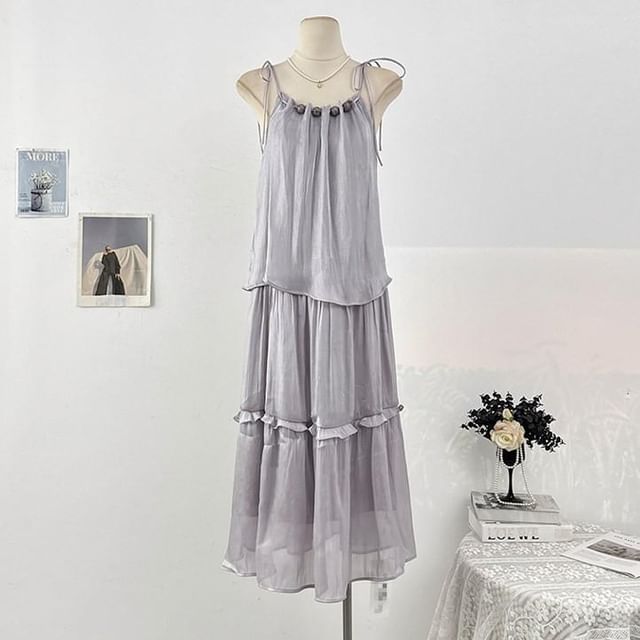 Spaghetti Strap Plain Ruffle Maxi Sundress