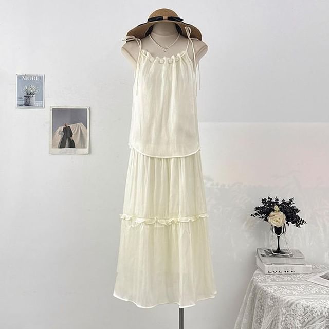 Spaghetti Strap Plain Ruffle Maxi Sundress