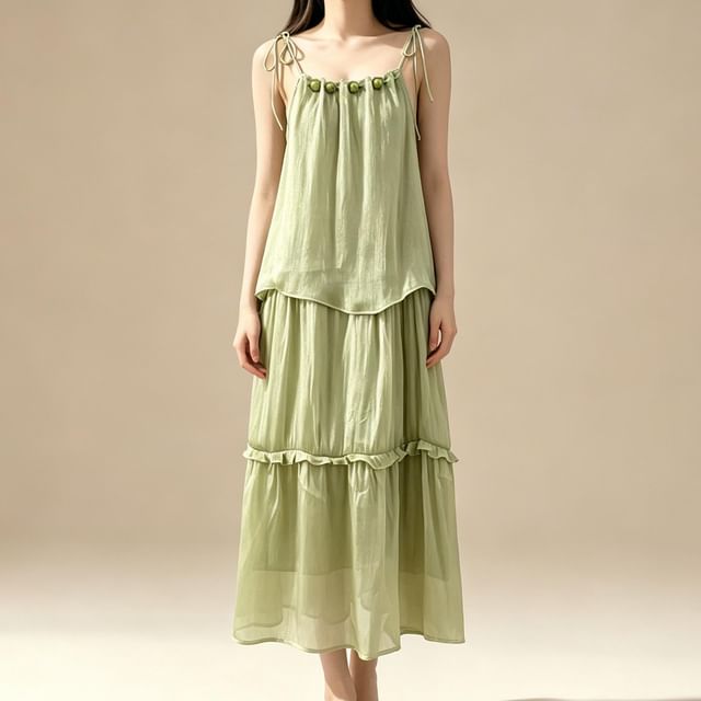 Spaghetti Strap Plain Ruffle Maxi Sundress