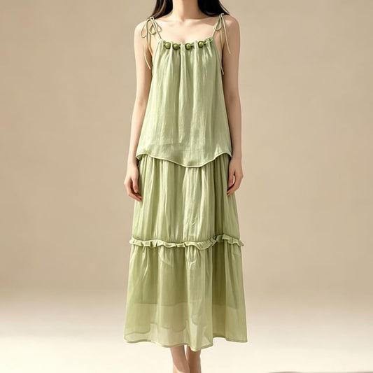 Spaghetti Strap Plain Ruffle Maxi Sundress