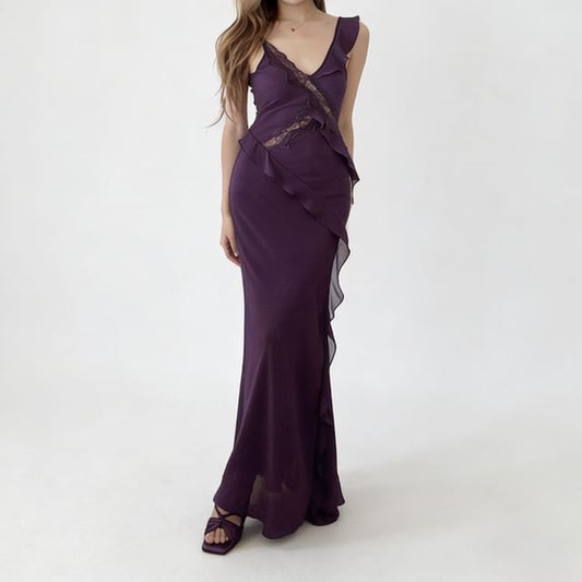 Spaghetti Strap V-Neck Lace Panel Ruffle Trim Maxi Mermaid Dress