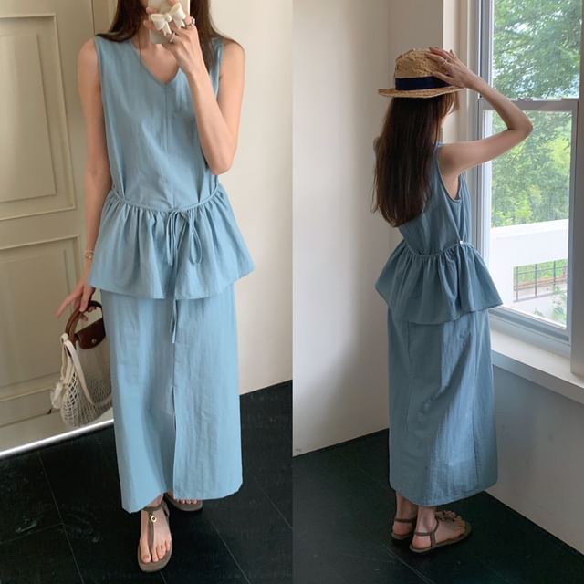 Sleeveless V-Neck Plain Peplum Slit Maxi A-Line Dress