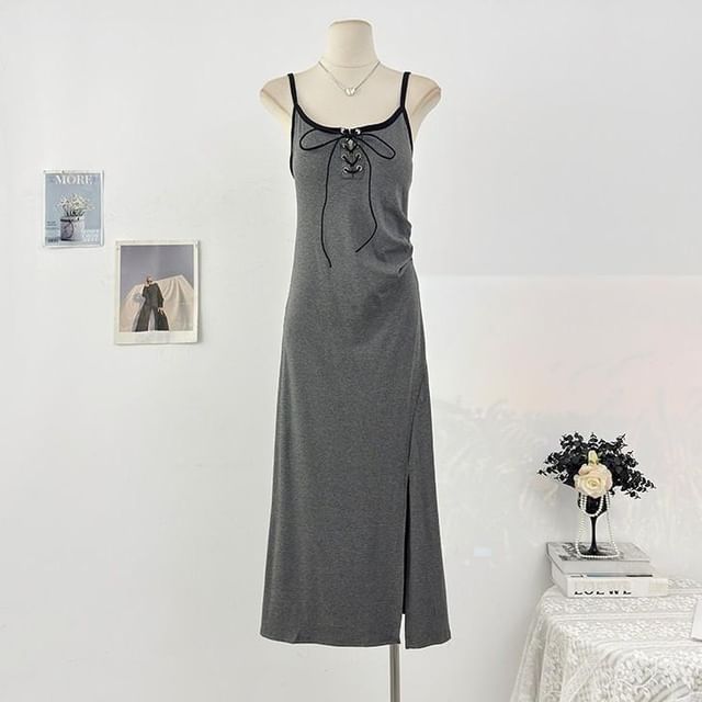 Spaghetti Strap Contrast Trim Lace Up Slit Maxi A-Line Dress