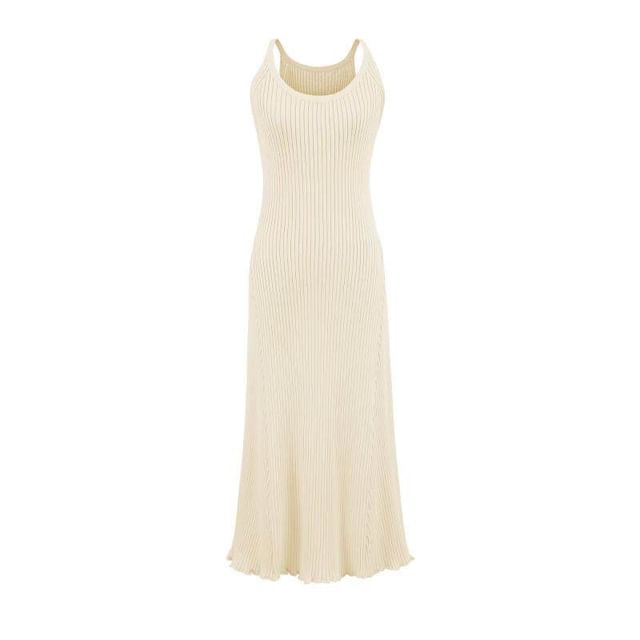 Spaghetti Strap Scoop Neck Plain Lettuce Edge Maxi A-Line Knit Dress
