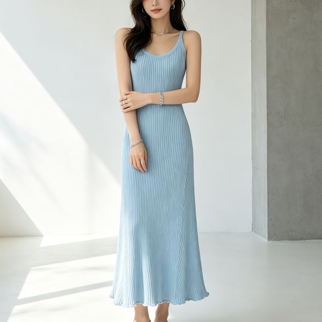 Spaghetti Strap Scoop Neck Plain Lettuce Edge Maxi A-Line Knit Dress