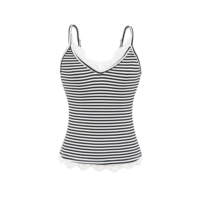 V-Neck Lace Trim Striped Camisole Top