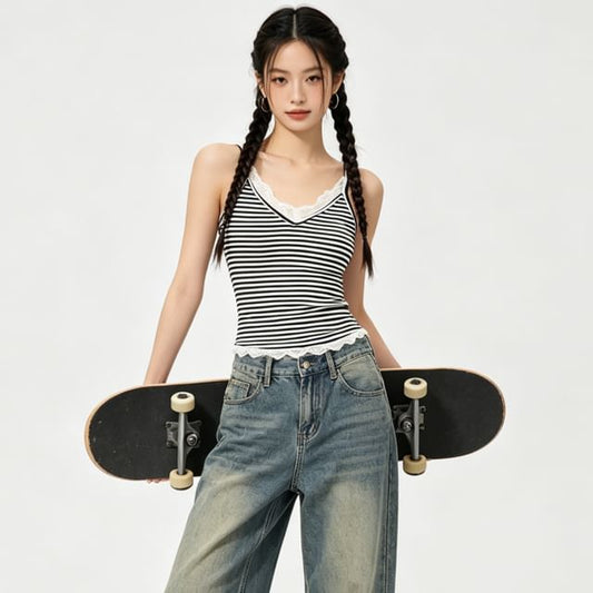 V-Neck Lace Trim Striped Camisole Top