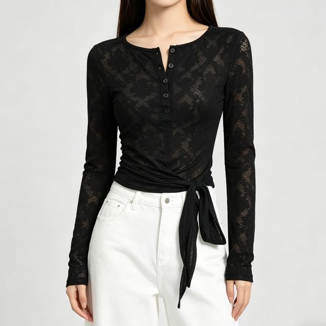 Long-Sleeve Henley Neck Plain Lace Top