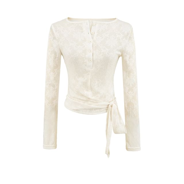 Long-Sleeve Henley Neck Plain Lace Top