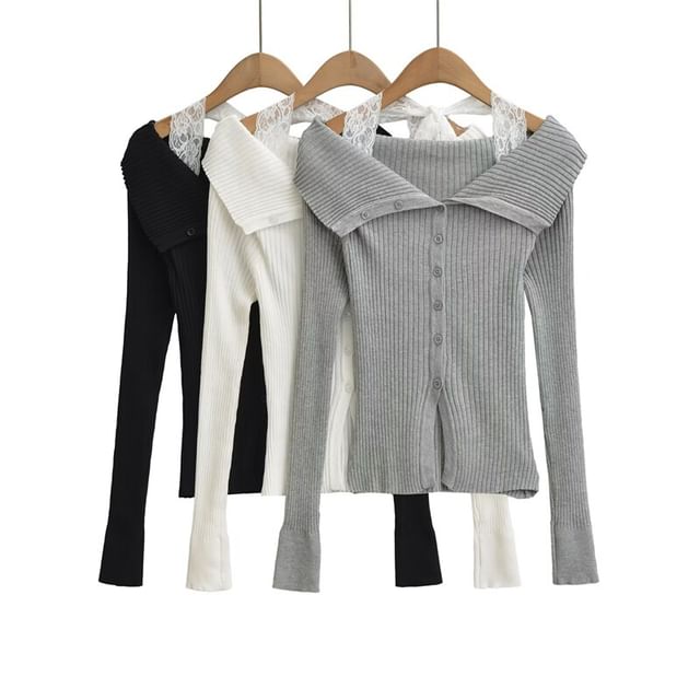 Long-Sleeve Cold Shoulder Lace Trim Button Up Knit Top