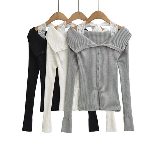 Long-Sleeve Cold Shoulder Lace Trim Button Up Knit Top