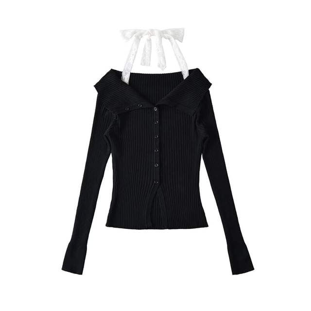 Long-Sleeve Cold Shoulder Lace Trim Button Up Knit Top