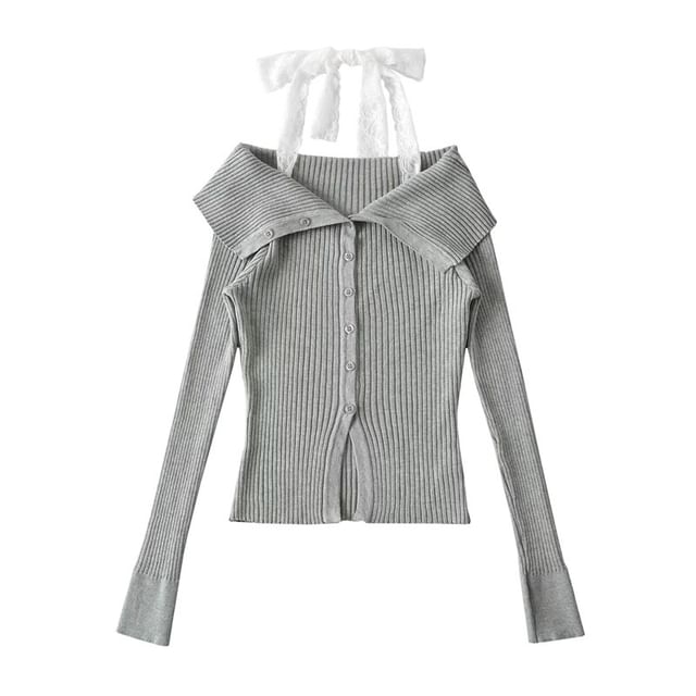 Long-Sleeve Cold Shoulder Lace Trim Button Up Knit Top
