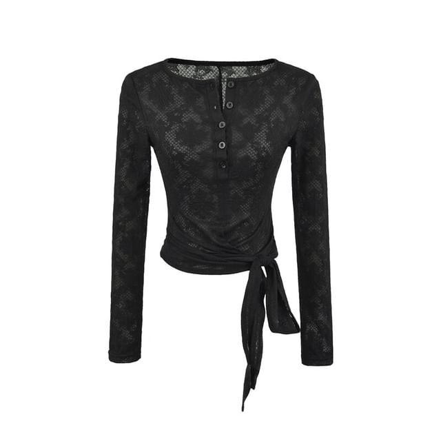 Long-Sleeve Boat Neck Lace Tie Waist Top