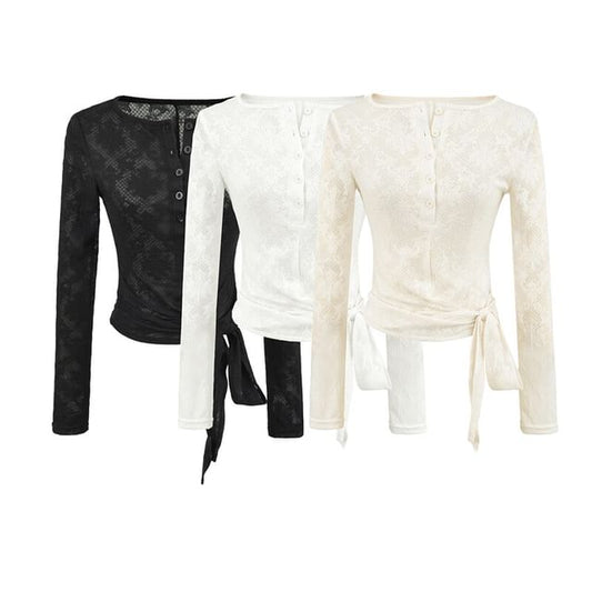 Long-Sleeve Boat Neck Lace Tie Waist Top