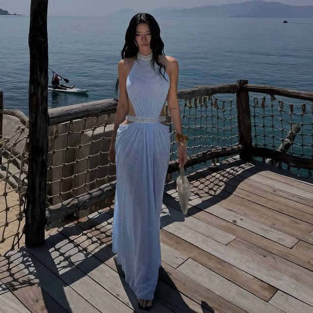 Sleeveless Embellished Cutout Plain Maxi A-Line Dress