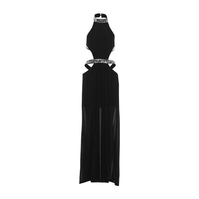 Sleeveless Embellished Cutout Plain Maxi A-Line Dress