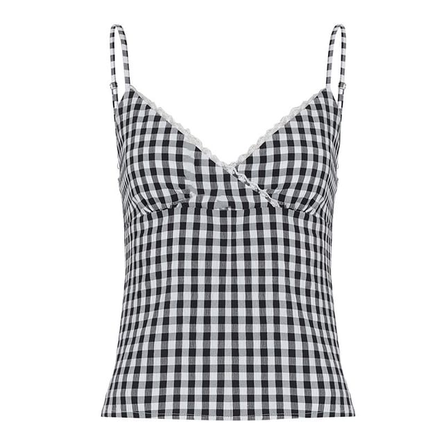 V-Neck Lace-Trim Checker Slim-Fit Crop Camisole Top