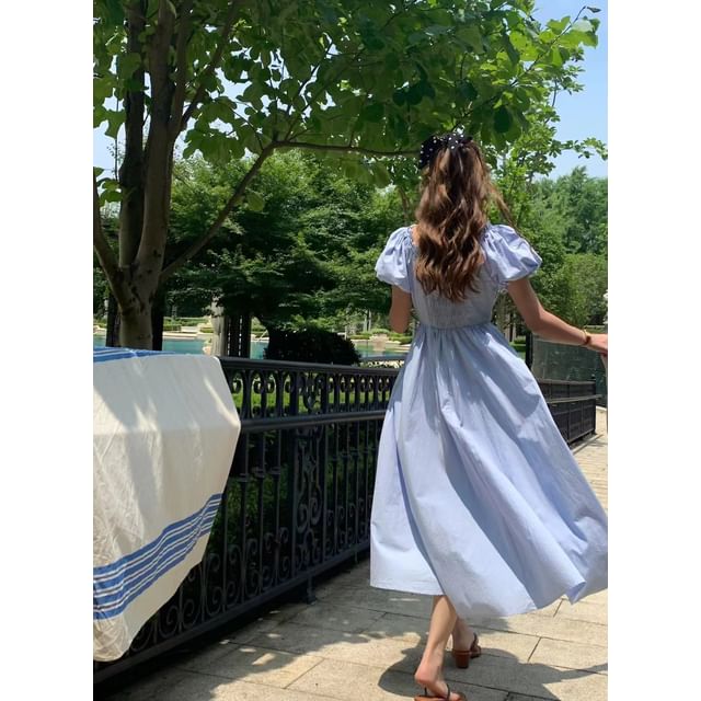 Puff Sleeve Square Neck Plain Ruched Maxi A-Line Dress