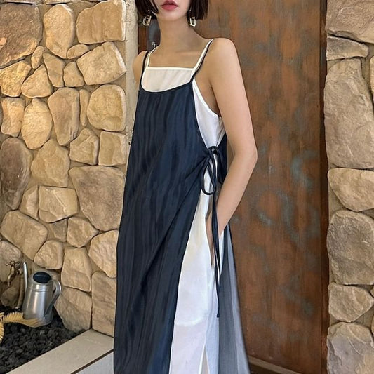 Mock Two-Piece Spaghetti Strap Two Tone Maxi A-Line Dress