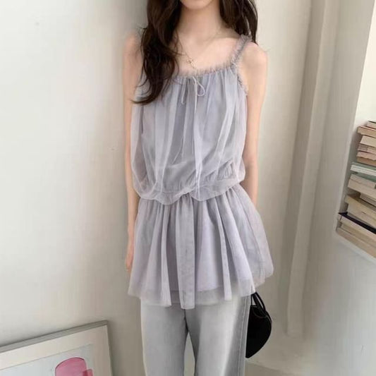 Spaghetti Strap Plain Frill Trim Mesh Mini A-Line Dress