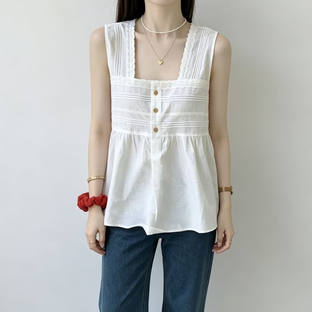 Square Neck Plain Lace Trim Flowy Tank Top