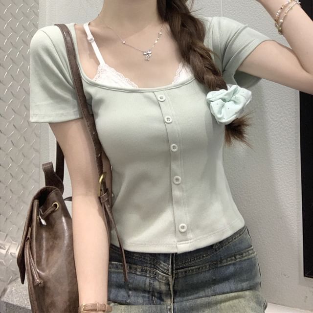 Mock Two-Piece Short-Sleeve Square Neck Tow Tone Lace Trim Crop T-Shirt