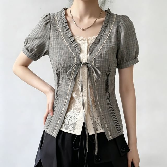 Mock Two-Piece Short-Sleeve V-Neck Plaid Lace Panel Tie Front Blouse