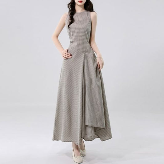 Sleeveless Crew Neck Plaid Asymmetrical Maxi A-Line Dress