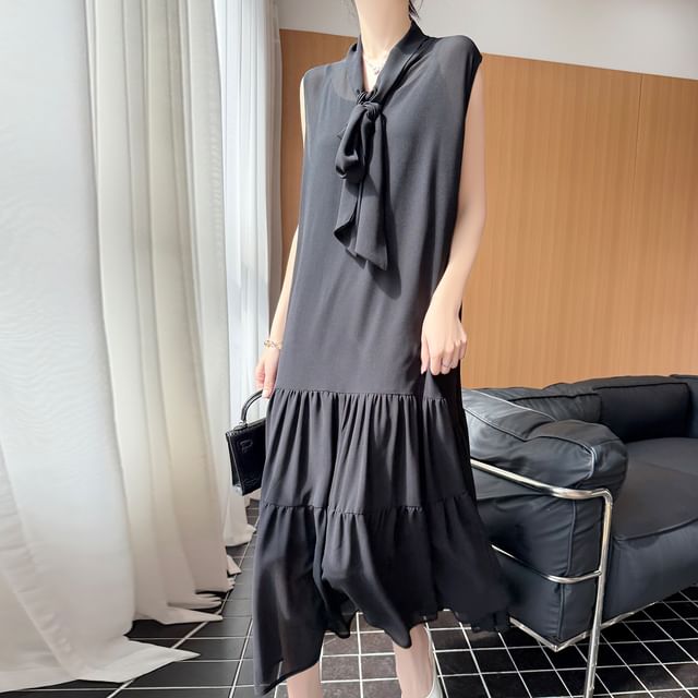 Sleeveless Scarf Neck Plain Sheer Maxi A-Line Dress